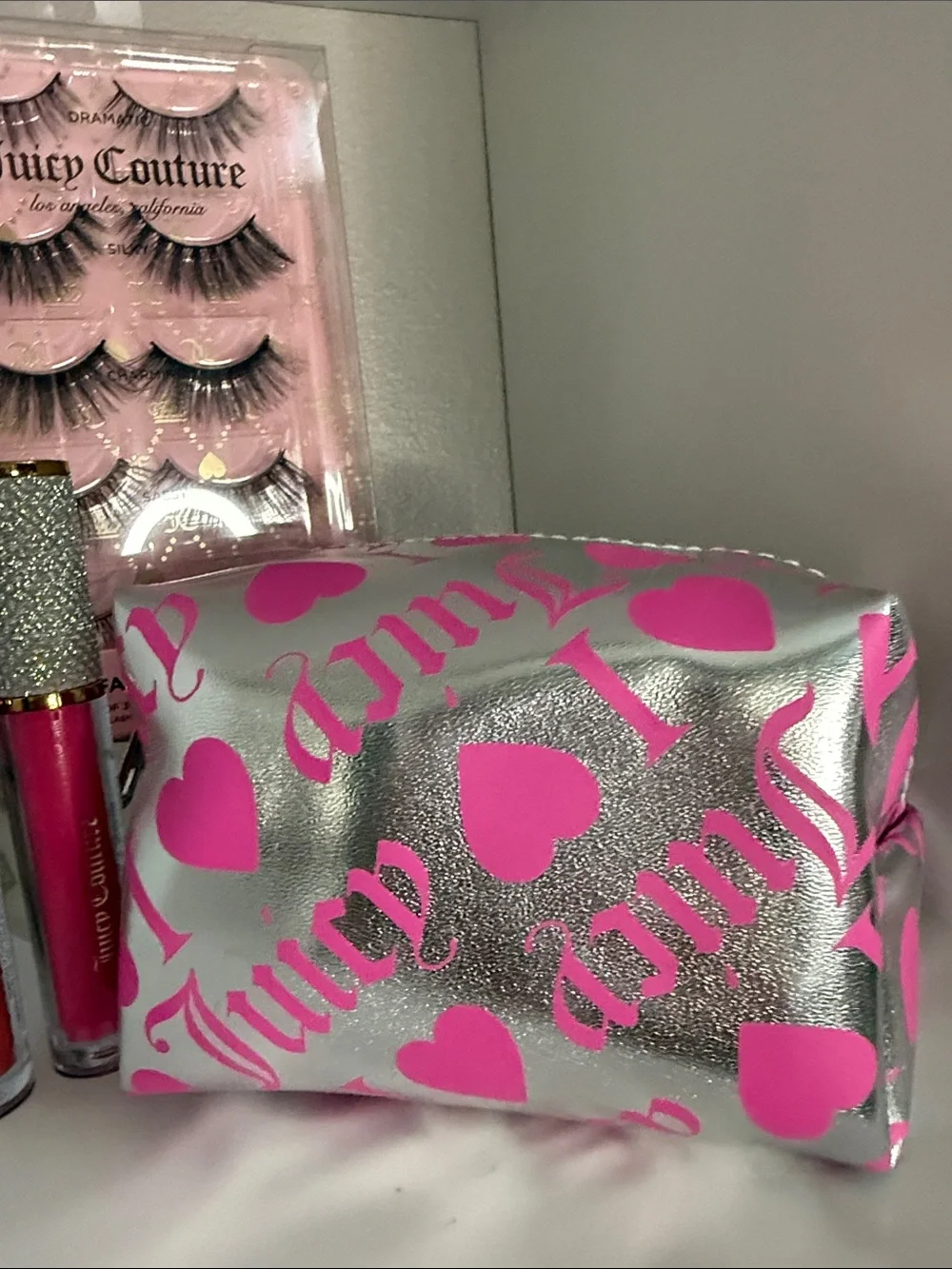 S Juicy Couture Silver Pink Cosmetic Pouch, Lip Glosses & Juicy Lashes